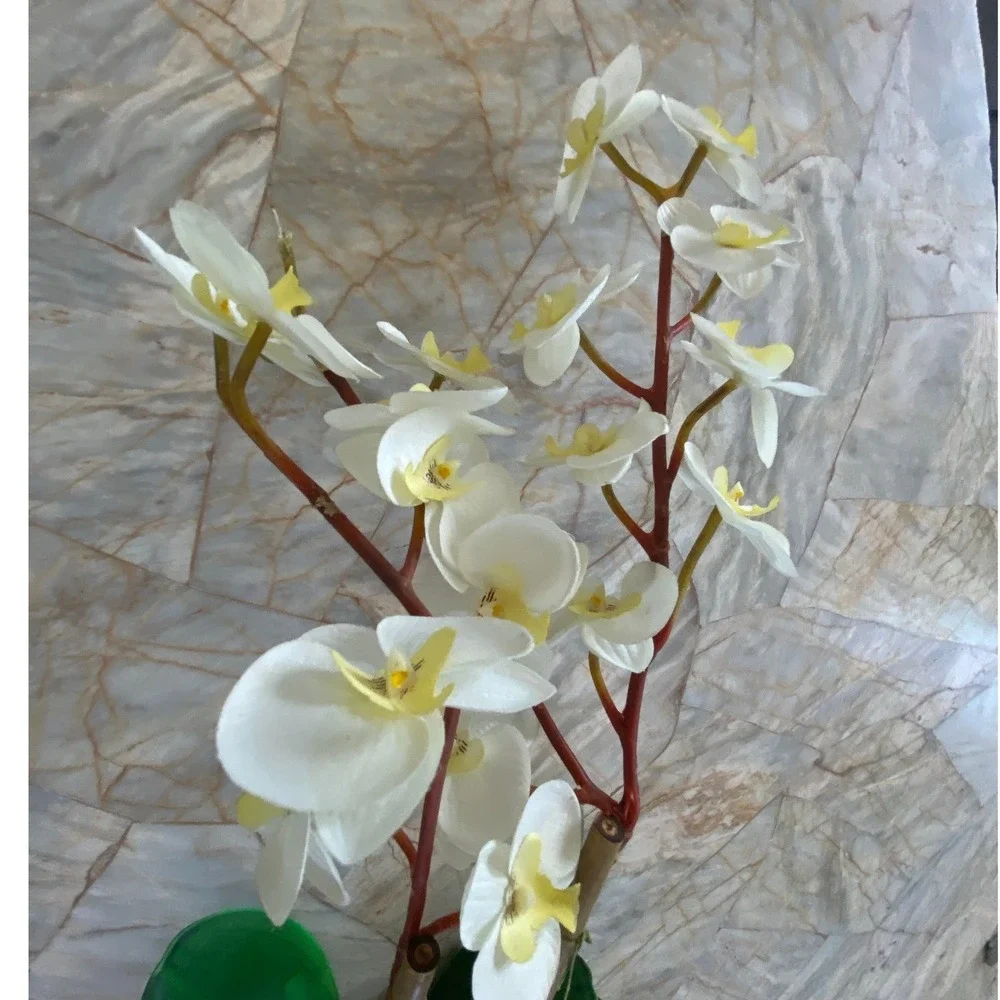Faux White Orchid Arrangement in Iridescent Purple Ceramic Vase 22 Inch Floral